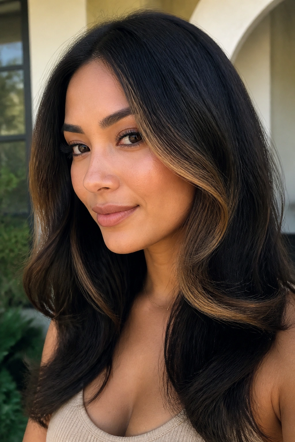 Portrait of a person with curved caramel highlights tracing the jawline