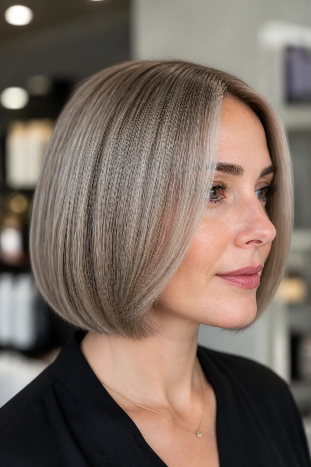 Real woman with curved-in blunt perimeter ash bob