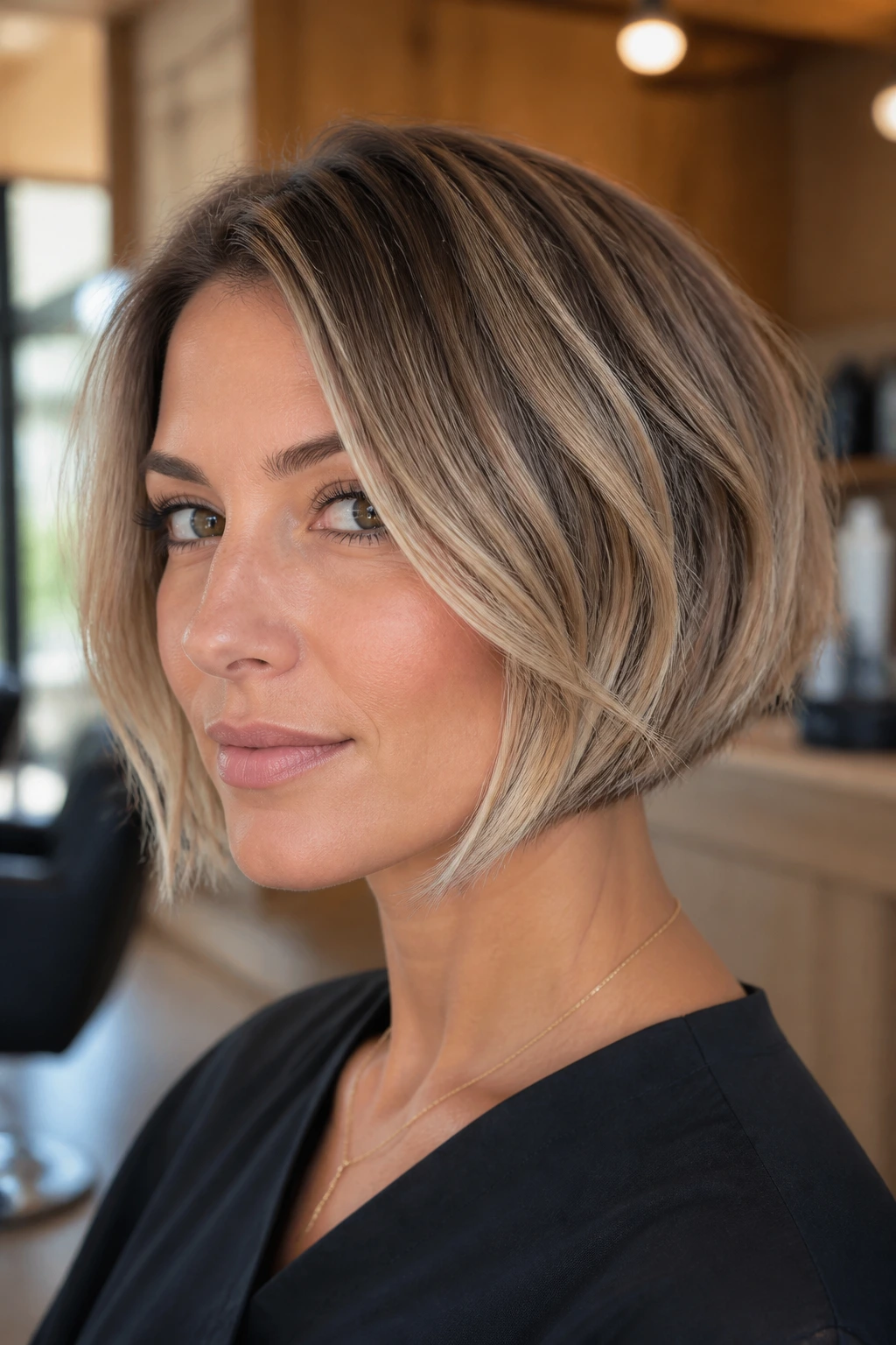 Close-up portrait of a real woman with curved-in bob and broken-up ends in a warm salon setting.