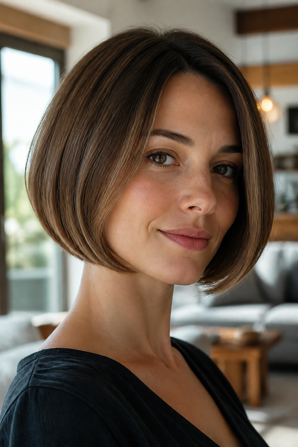 Portrait of a woman with a curved-in bob and tapered ends.