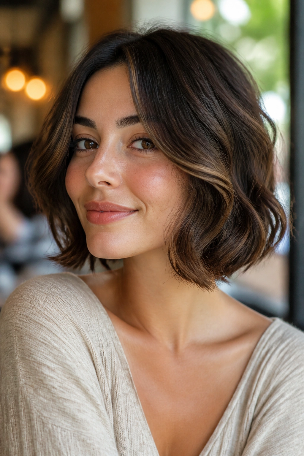 Close-up portrait of a real woman with a curved-in lob hugging the jawline in warm cafe lighting