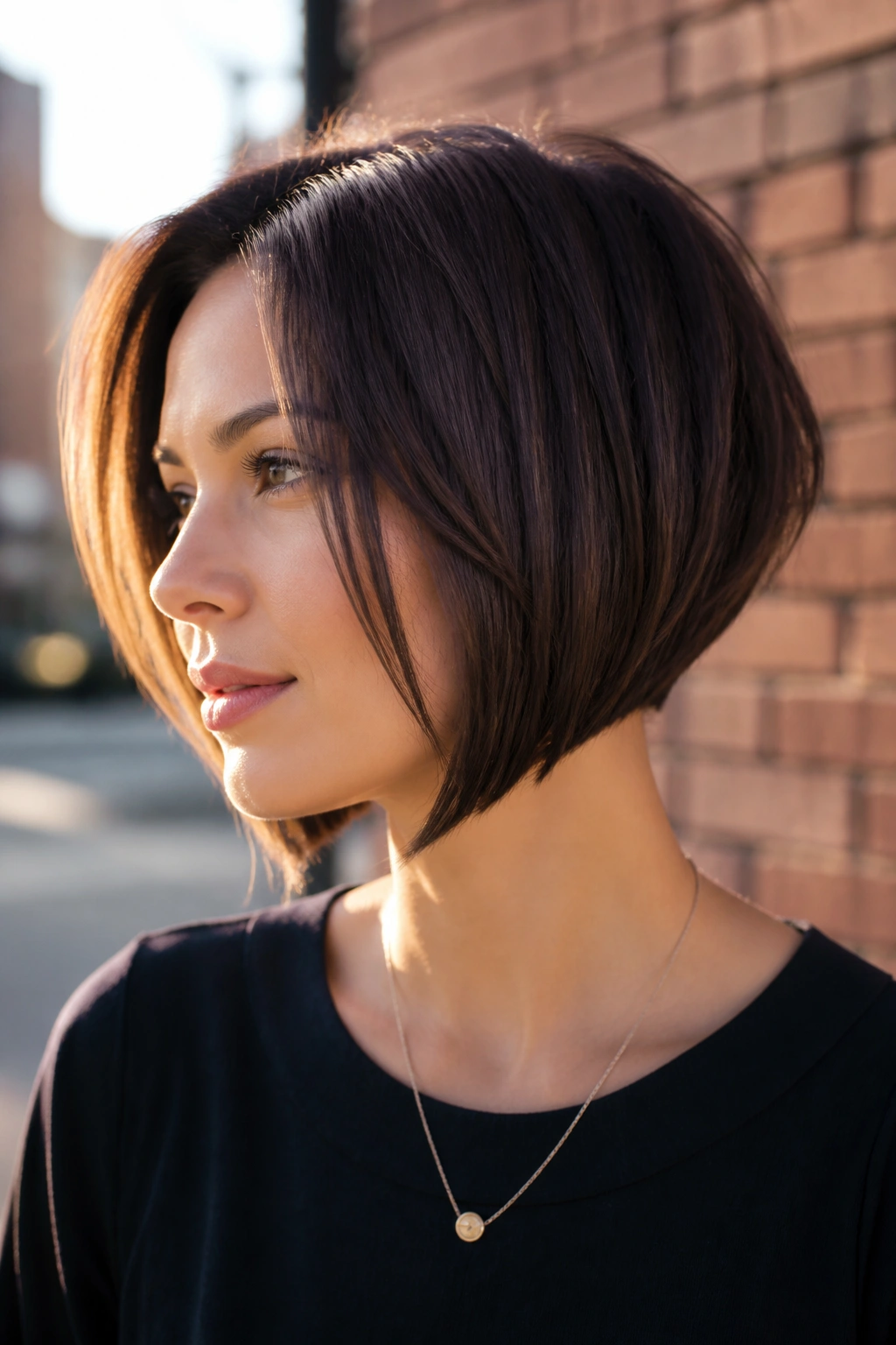 Portrait of woman with curved inverted bob and nape curve.