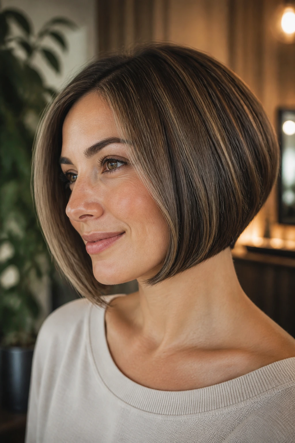 Close-up portrait of a woman with a curved inverted bob and rounded ends.