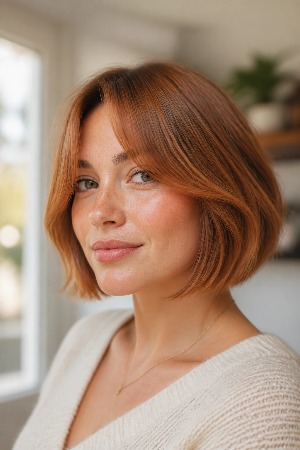 Real woman with curved jaw-grazing bob and curtain bangs framed by soft light.