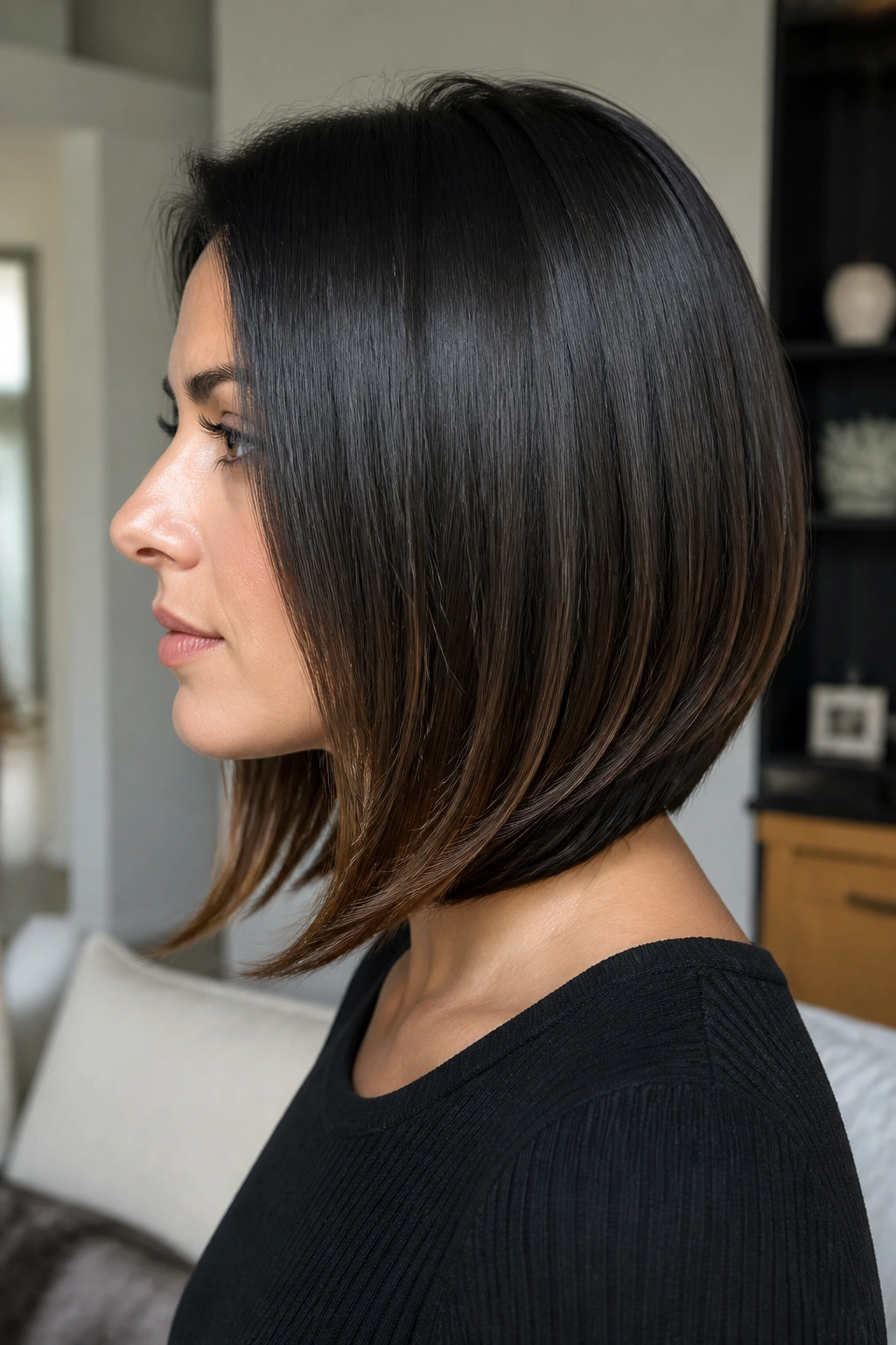 Side-profile of a woman with a curved lob and subtle underlayer in natural light