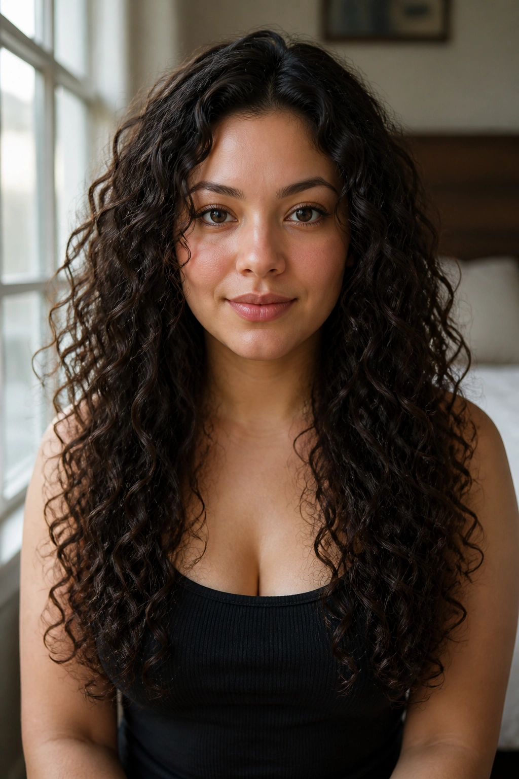 Close-up of a real woman with long curly hair showing curved neckline shape and soft front length