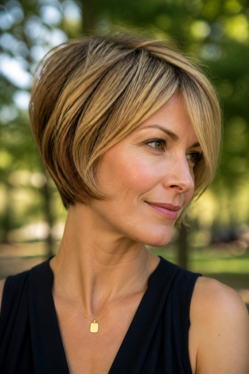Close-up portrait of a real woman with curved pixie bob hybrid hairstyle.