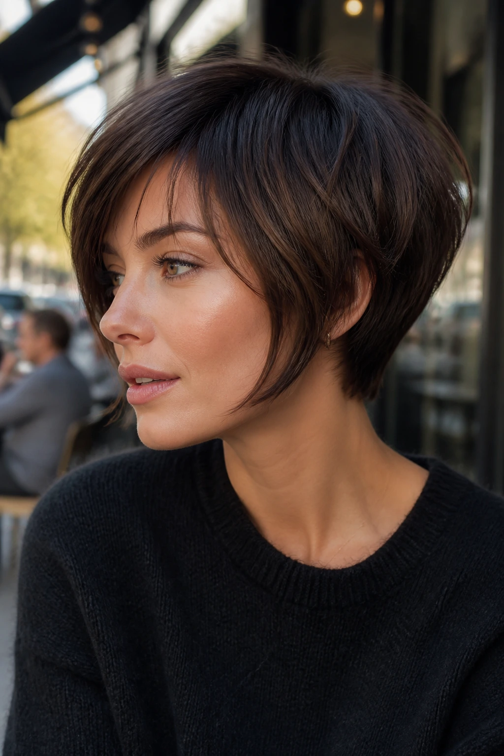 Close-up portrait of a real woman with curved pixie bob and longer temple pieces in morning light