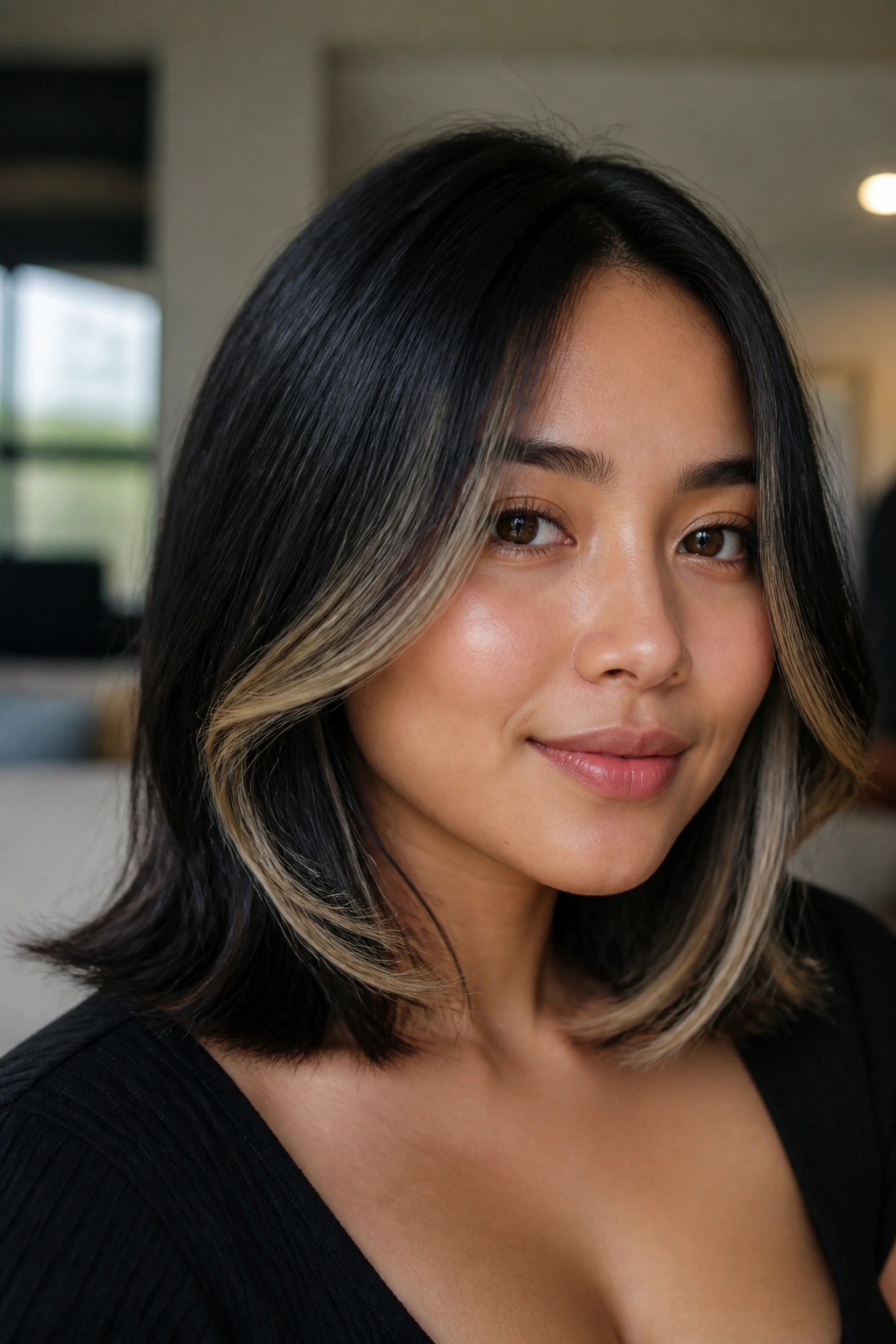 Close-up of curved ribbon highlights along the jawline on black hair