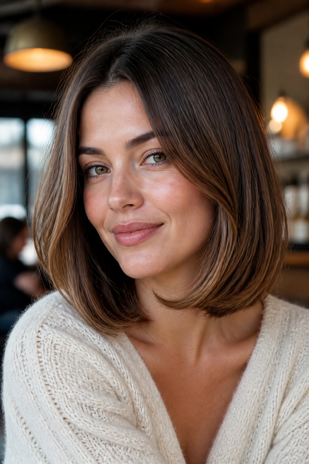 Close-up of a real person with curved shoulder-length cut, ends curved inward past the jaw