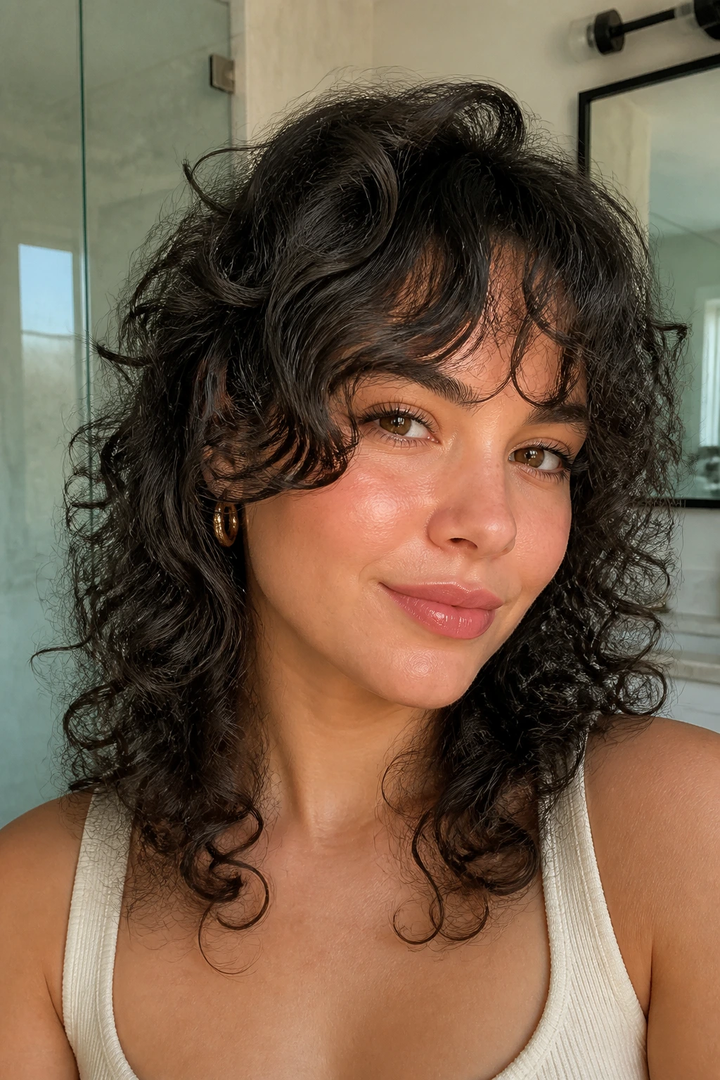 Close-up portrait of a real woman with curved side bangs for curly hair showing soft arc around temple