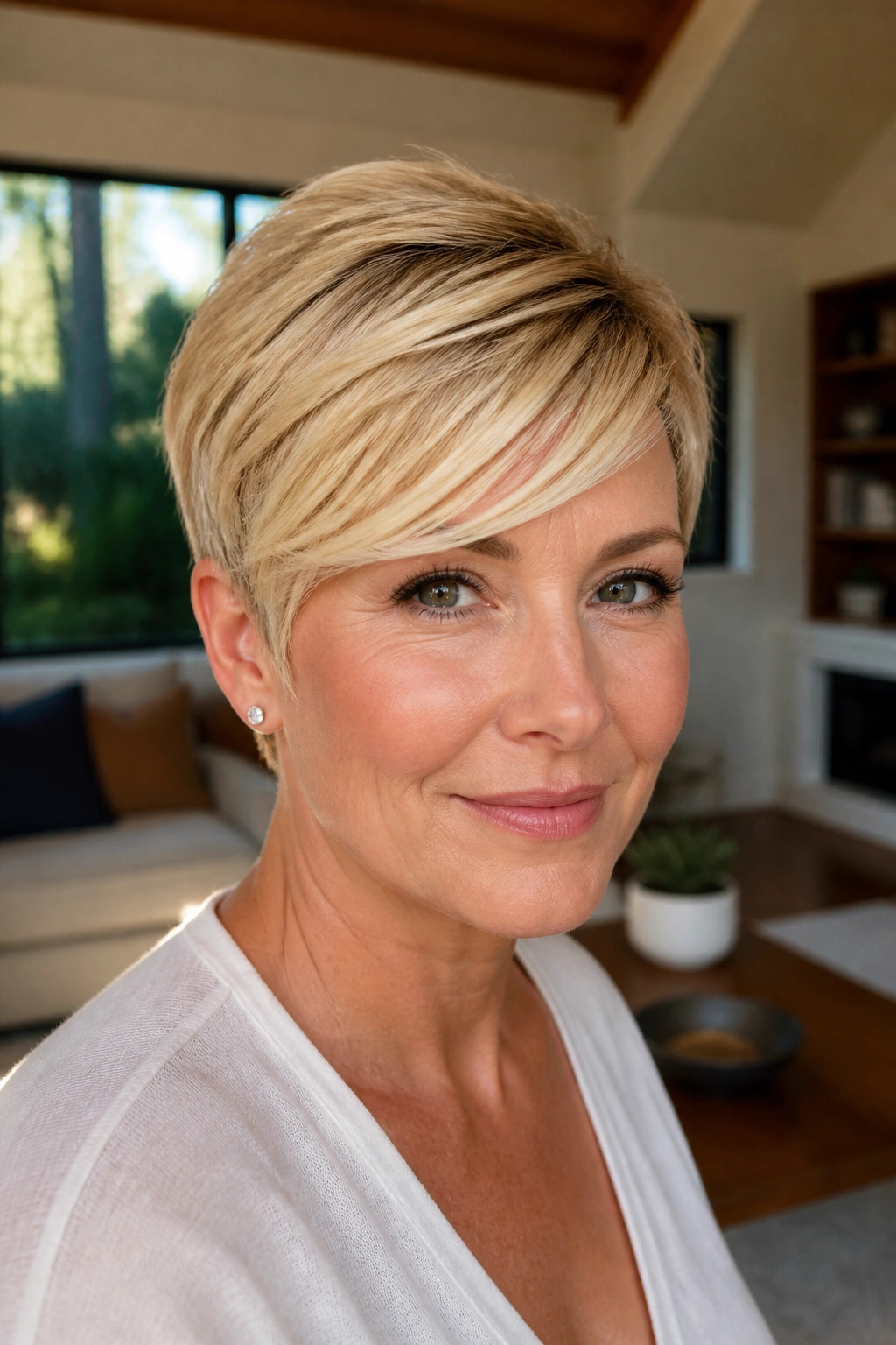 Close-up portrait of a real woman with curved swoop blonde pixie fringe extending across the forehead
