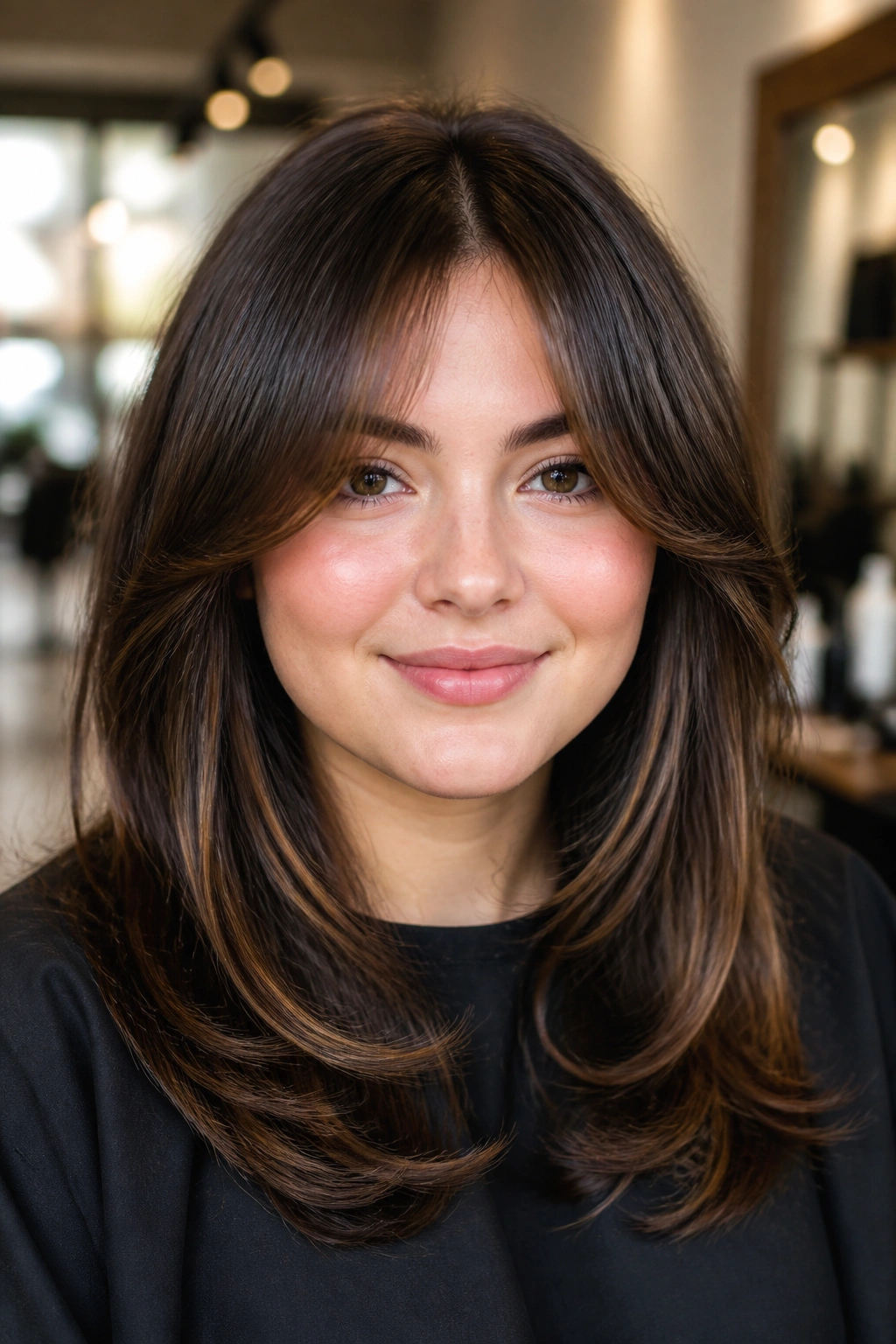 Close-up of a woman with curved U-shaped fringe in a softly lit salon