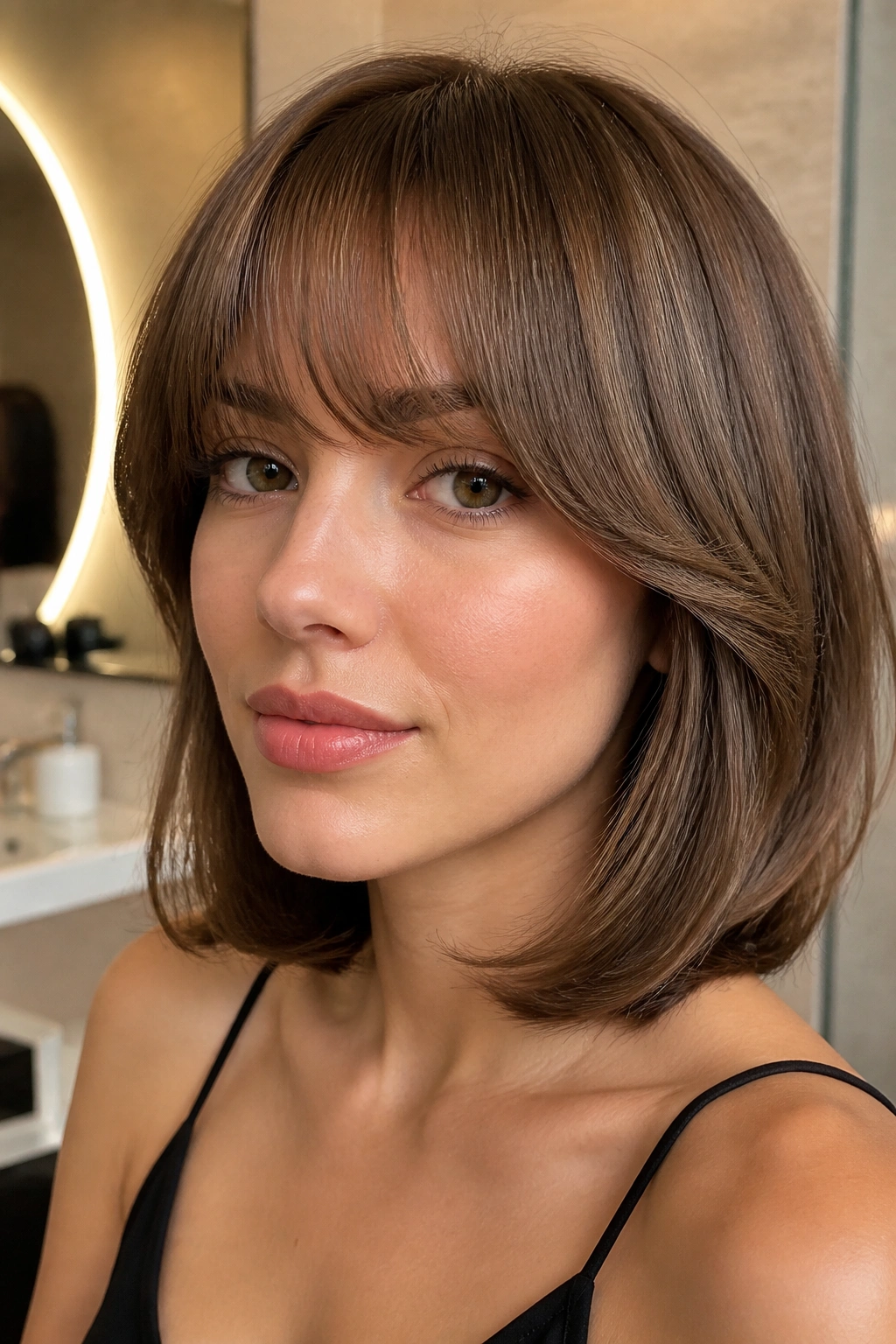 Real person with curved-under bangs framed by a rounded bend.