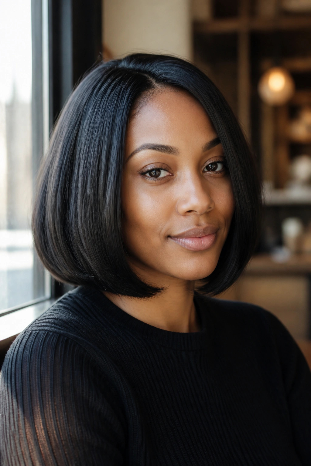 Close-up of a real woman with a curved under bob in cafe lighting