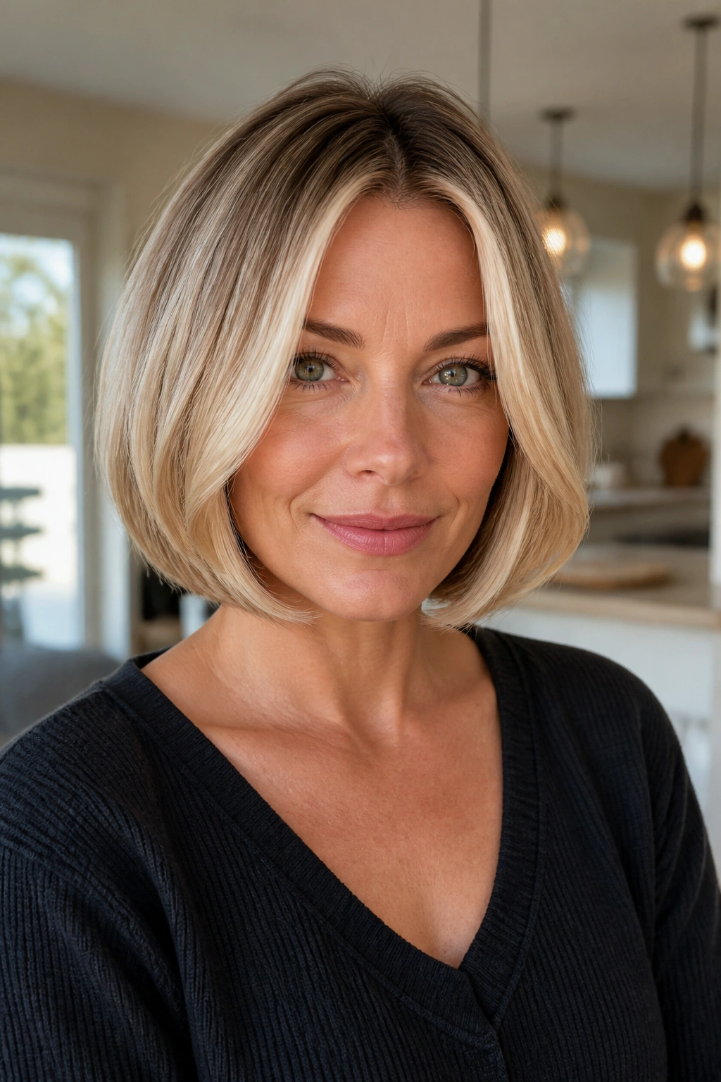 Portrait of a woman with a curved-under bob and bright front pieces in light blonde