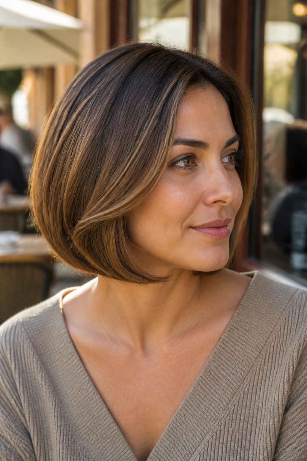 Real woman with curved-under caramel bob in warm sunlight
