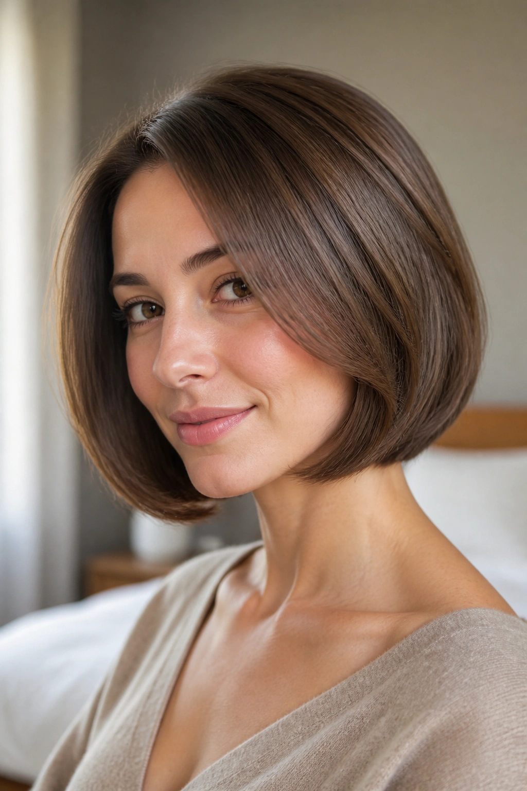 Close-up of a real woman with curved-under bob showing inward-curved ends and subtle feathering.