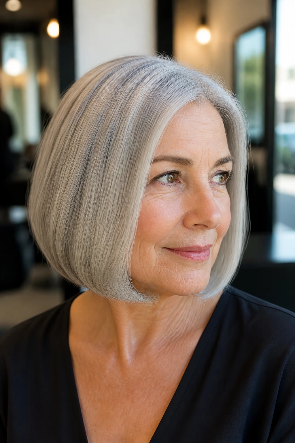 Close-up portrait of a real woman with a curved-under chin-length bob on grey hair