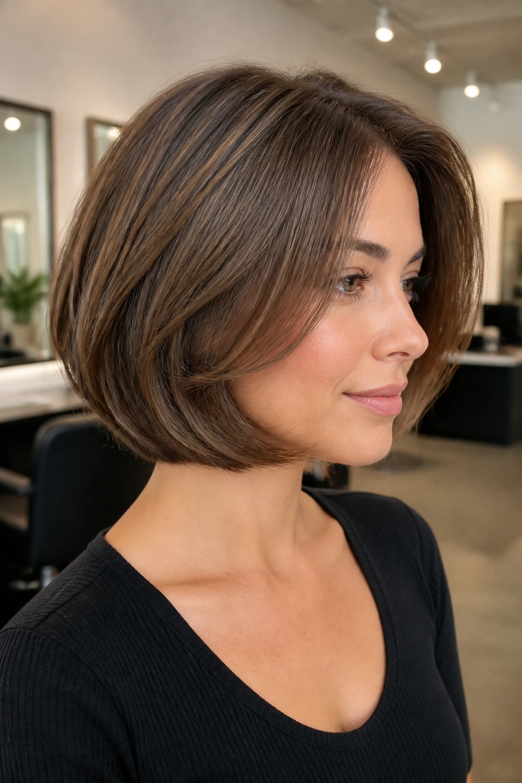 Close-up portrait of a real woman with curved-under bob and hidden layers