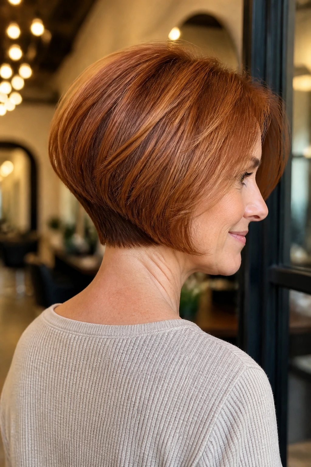 Close-up portrait of a real woman with a curved-under bob and soft nape stack in auburn copper tones.