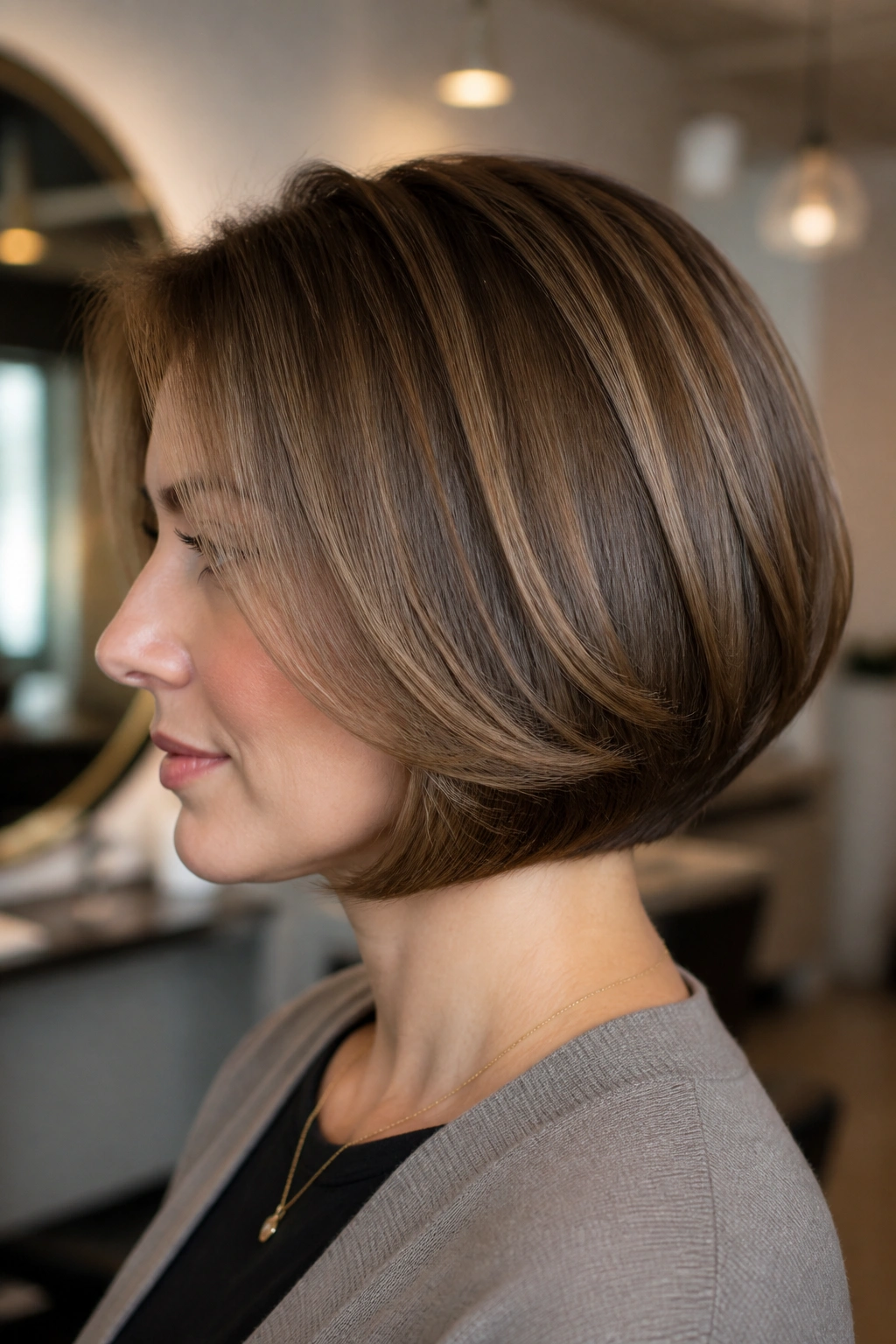 Close-up of a real woman with curved-under bob and polished blowout.