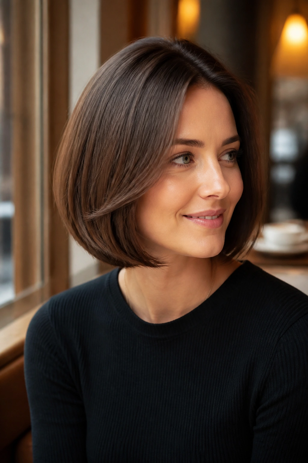 Portrait of a real woman with a curved-under bob and inward-curving ends.