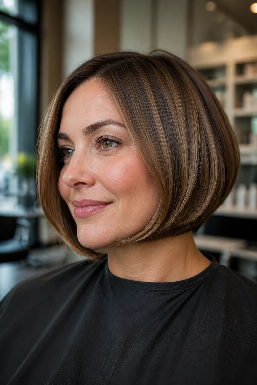 Close-up portrait of a real woman with curved-under bob and soft bevel at ends