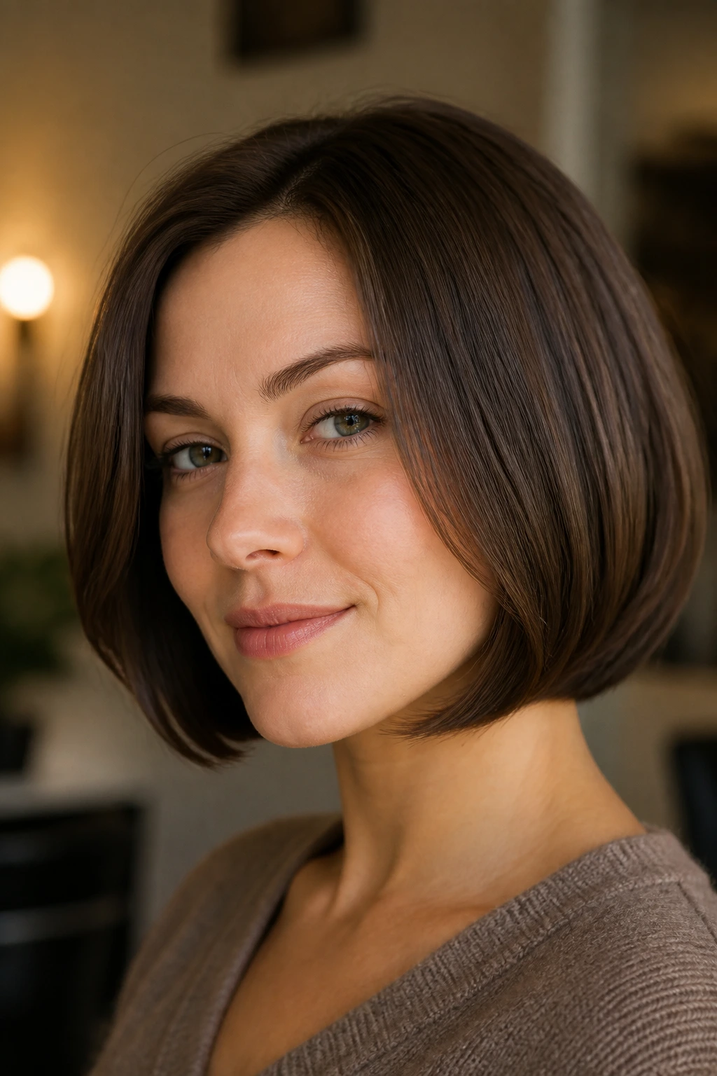 Close-up of a real woman with a curved-under brunette bob and glossy ends.