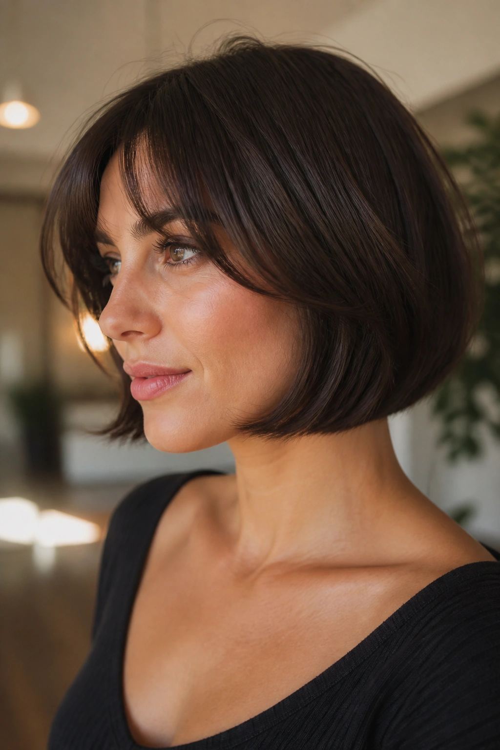 Real woman with curved-under French bob showing inward-curving ends