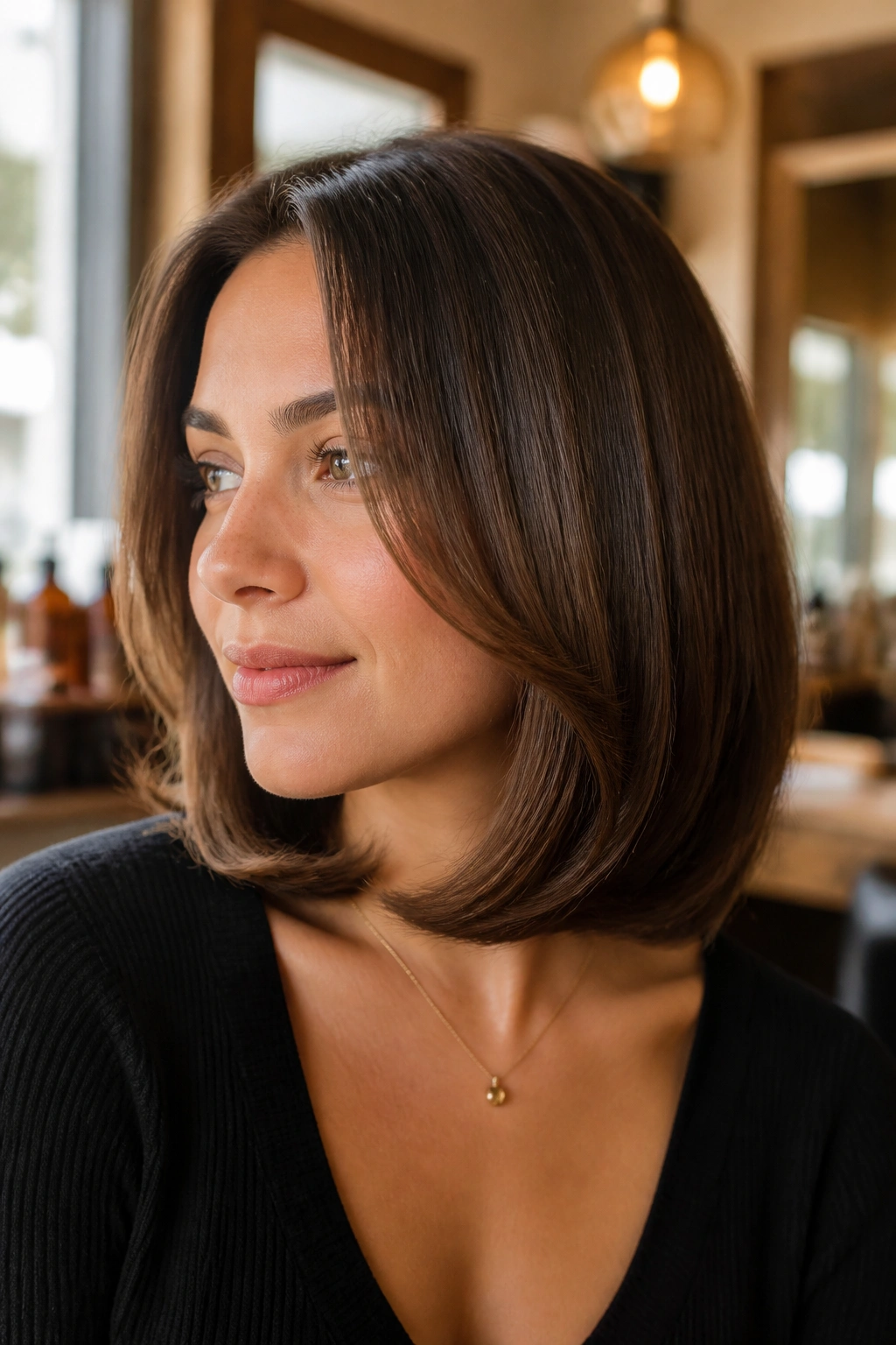 Close-up of a real woman with a curved-under lob at collarbone, rounded silhouette.