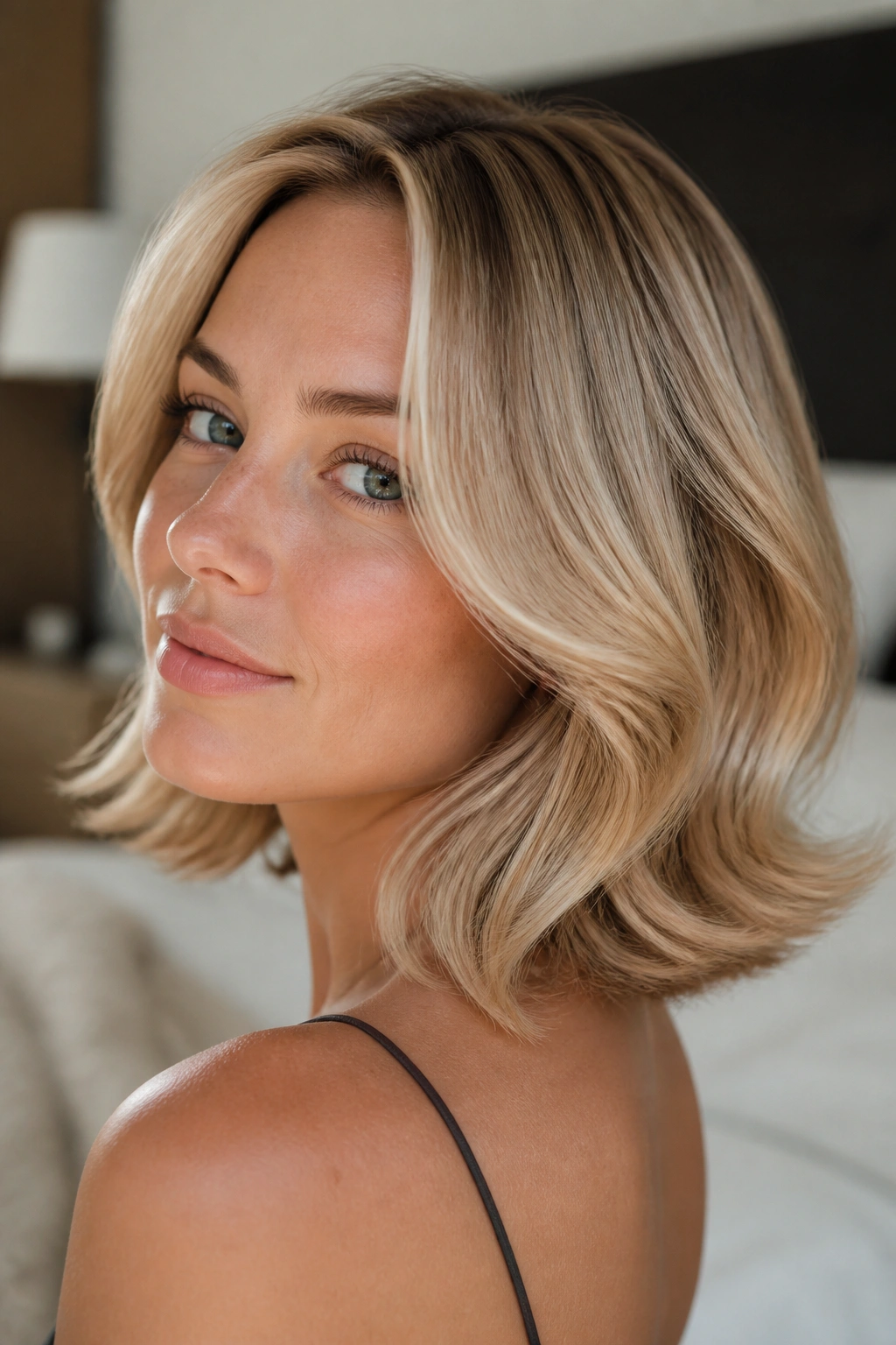 Close-up of a real woman with curved blonde waves and flipped ends in warm window light