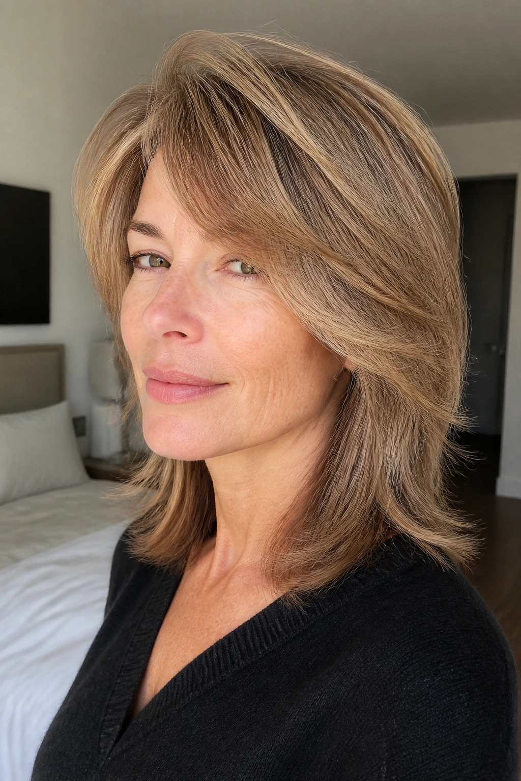 Portrait of a real woman with dry-cut layers following natural fall