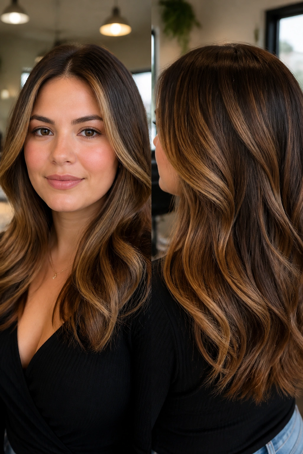 Close-up portrait of a real woman with caramel and mocha highlights around temples and cheekbones for a round face