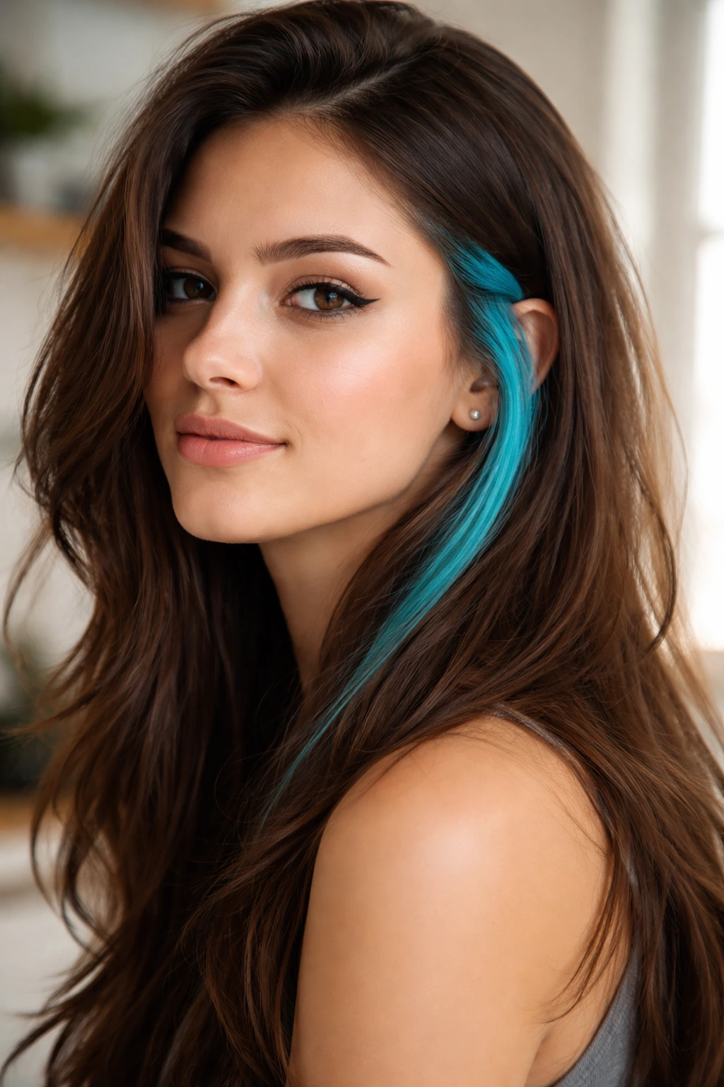 Portrait of a real woman with a cyan streak behind the ear.