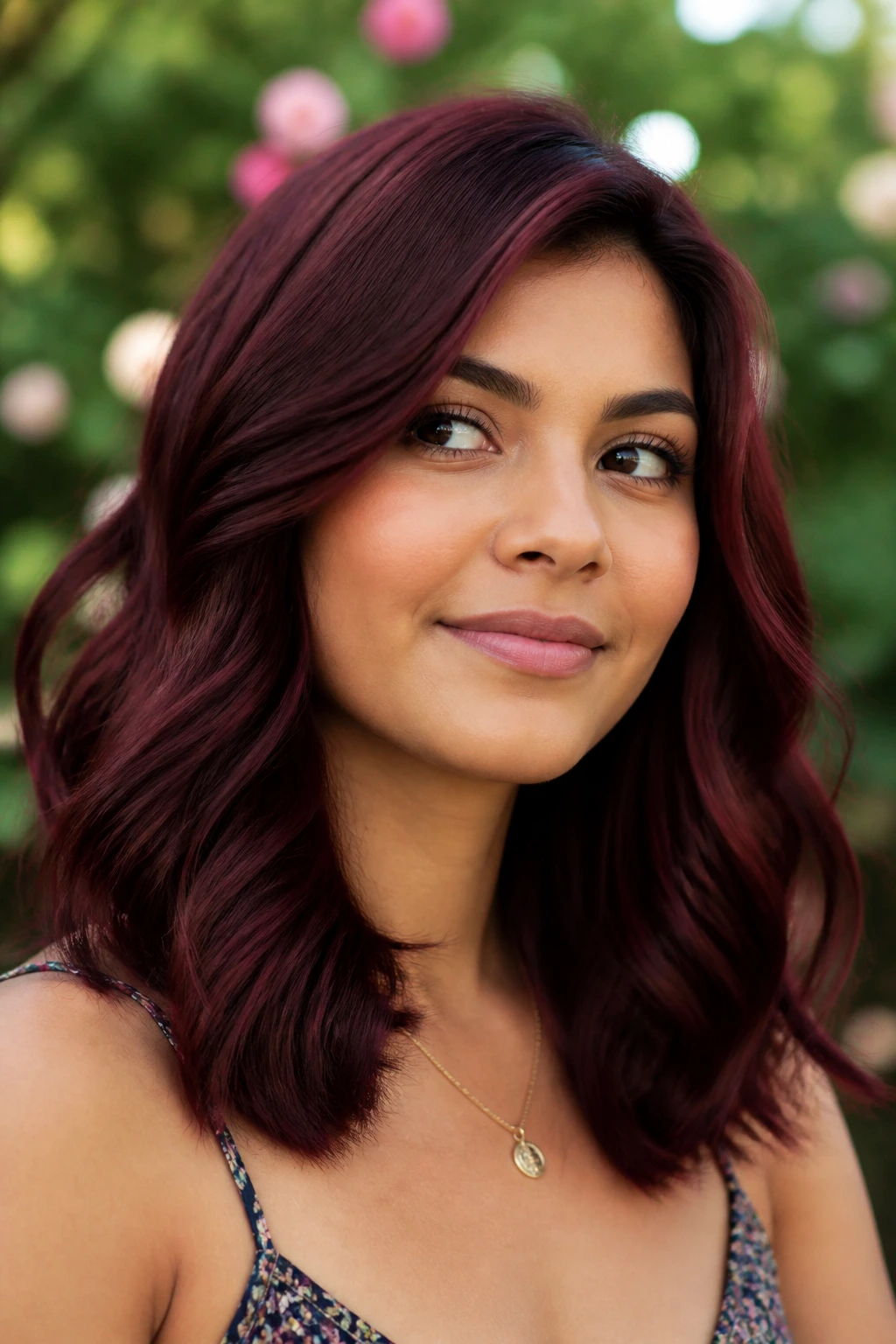 Close-up of a woman with wavy midlength hair in damson burgundy