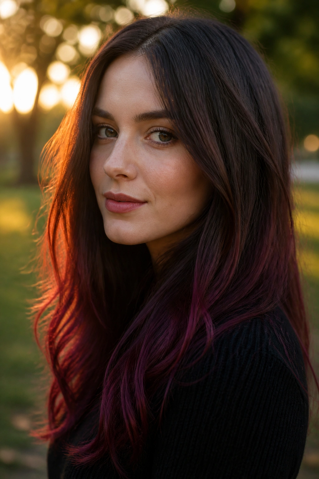 Close-up portrait of a real woman with damson dip-dye ends on long hair