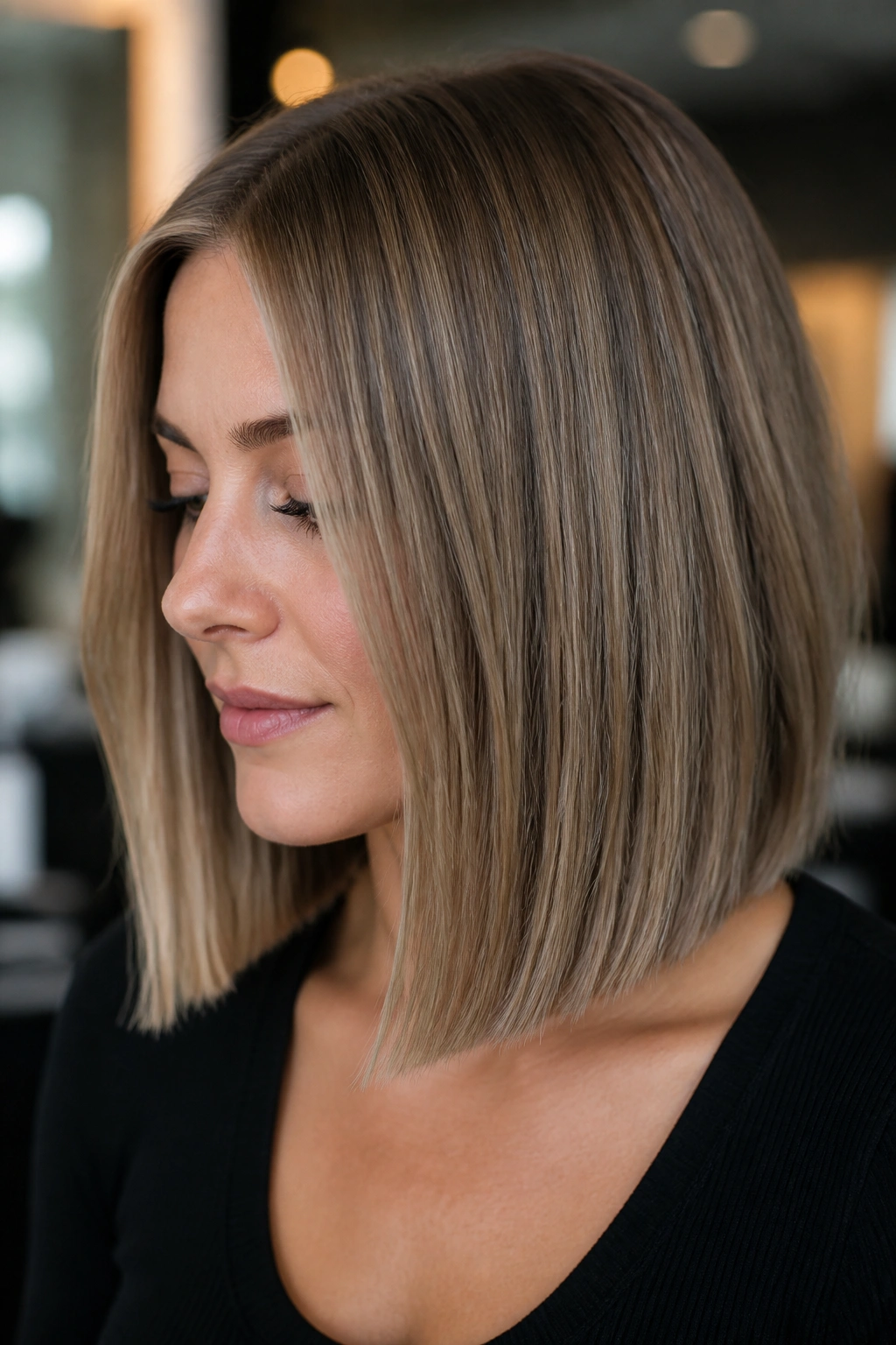 Close-up portrait of a person with a dark ash blonde lob featuring clean blunt ends.