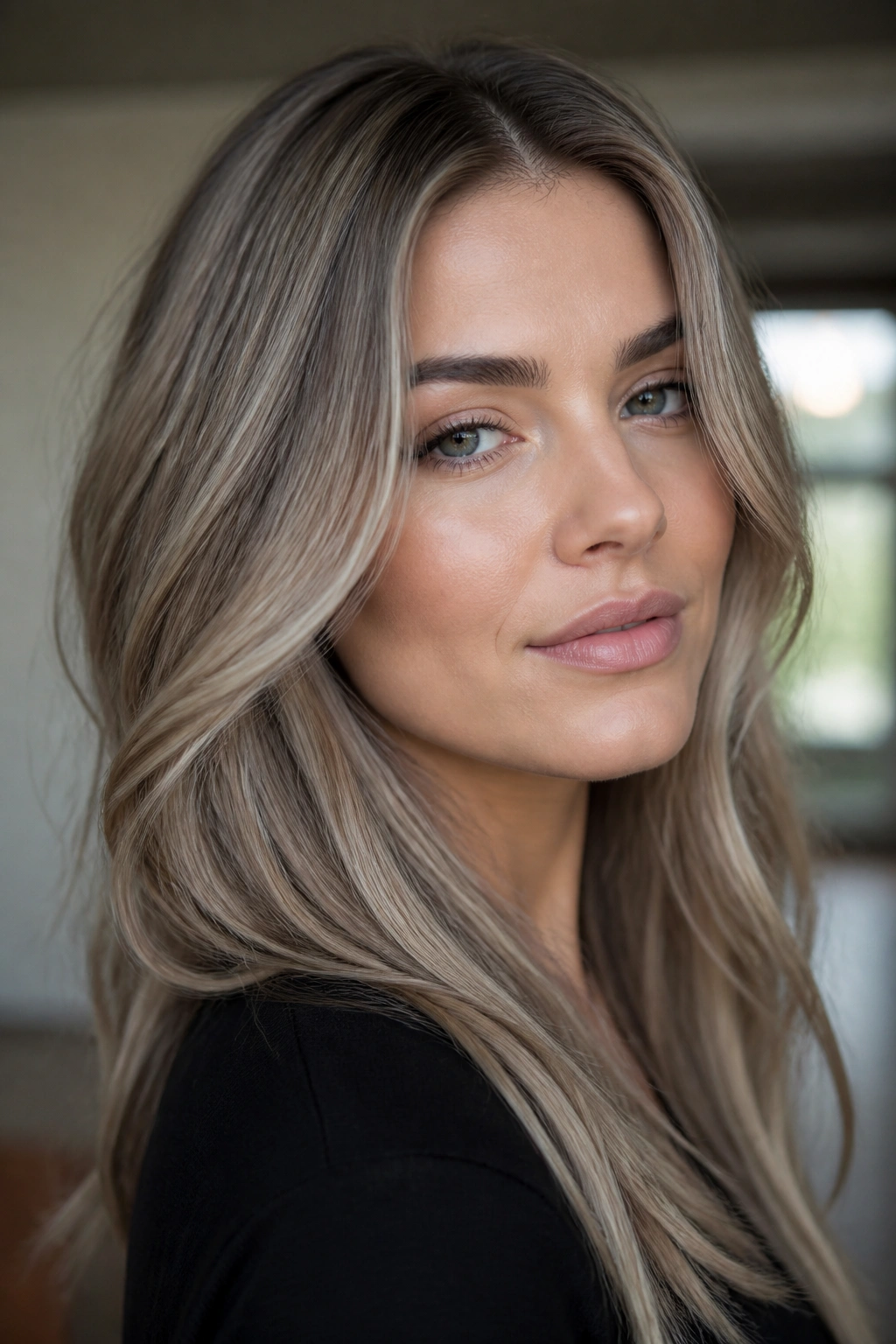Portrait of a woman with dark ash blonde hair and subtle root.