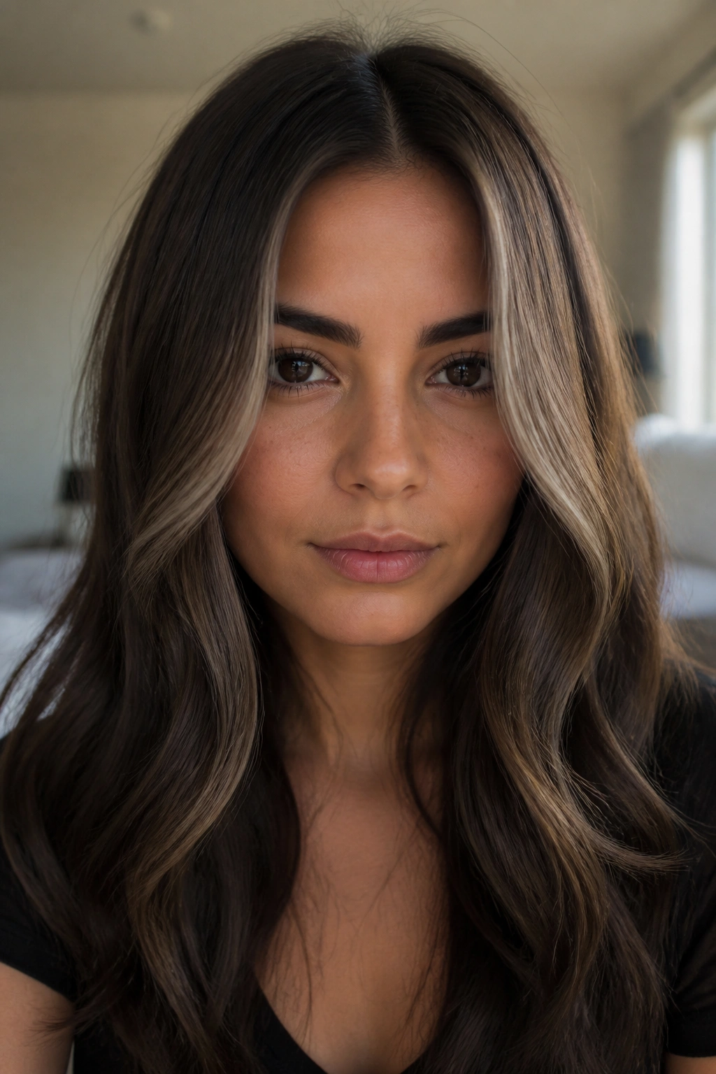 Close-up of a real woman with dark ash brown hair and slim ash money-piece framing the face.