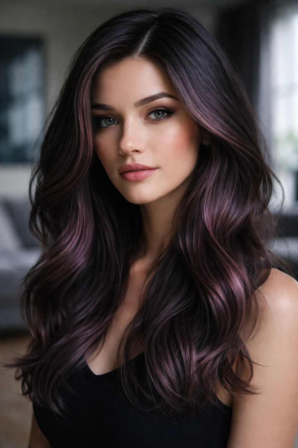 Close-up portrait of a woman with dark ash-gray hair and plum-pink undertones catching light