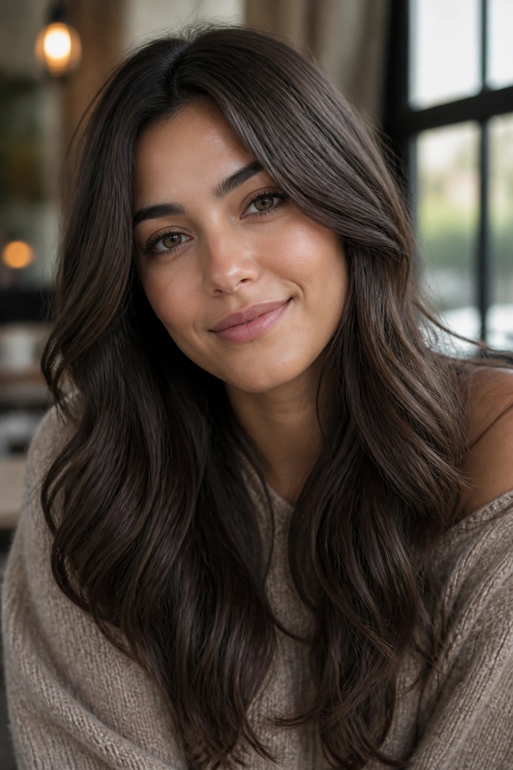 Close-up of a real woman with dark ash mocha hair in natural light