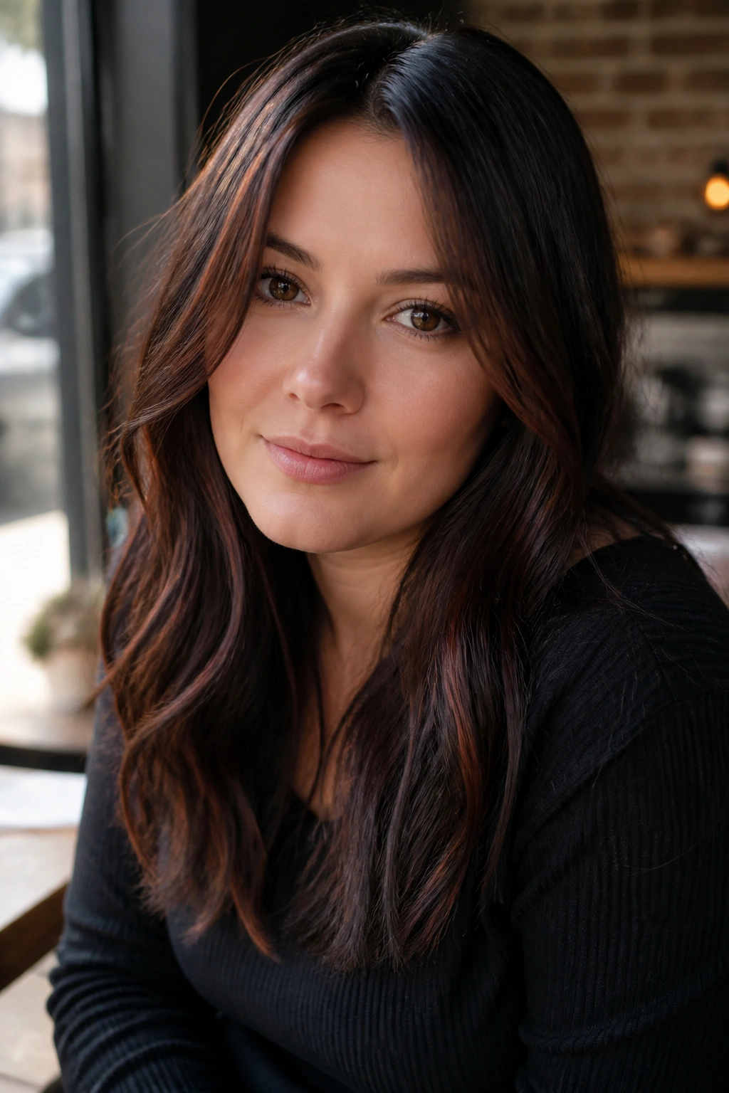 Close-up of a real person with auburn-brown glints at the front of brown-black hair.