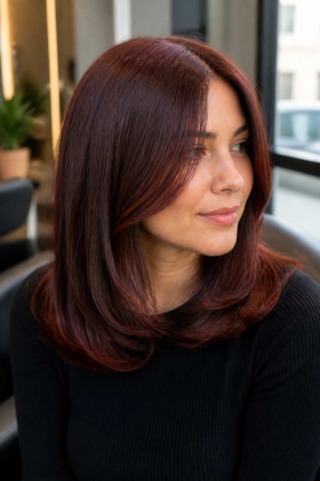 Close-up portrait of dark auburn hair with glossed ends on a real person