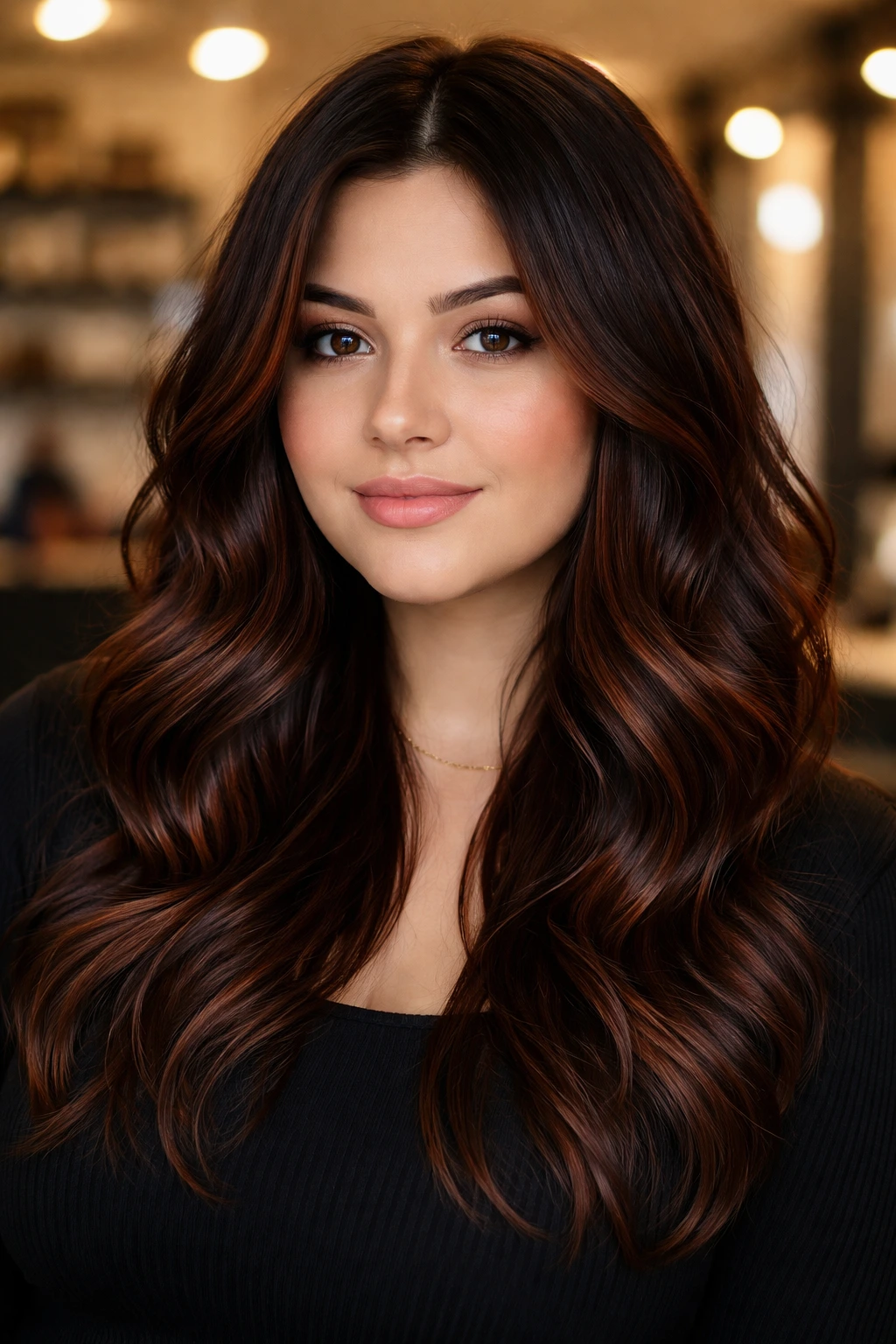 Close-up portrait of a real woman with dark auburn highlights and a shadow root in a salon setting