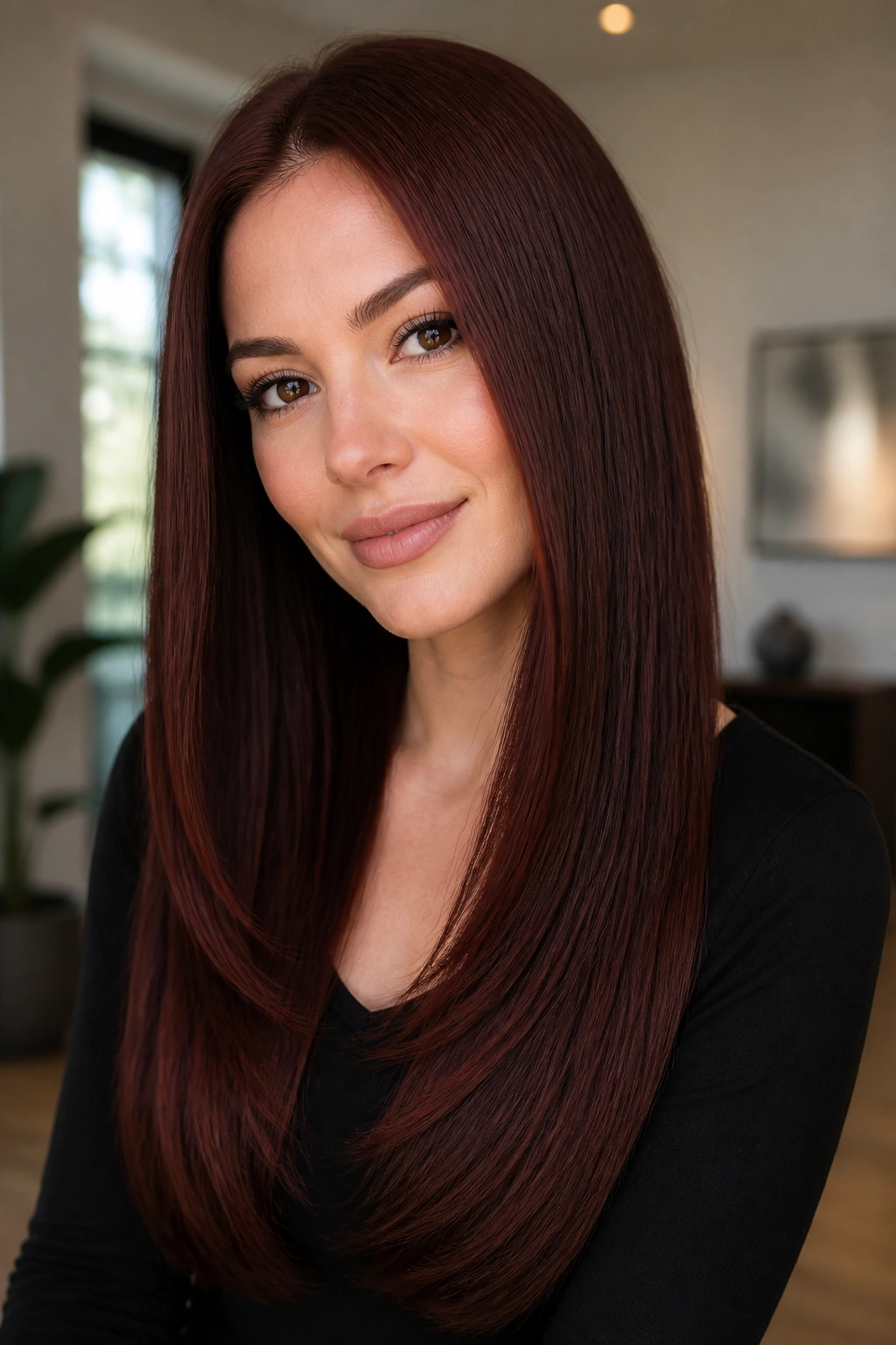 Real woman with sleek dark auburn long cut in bright light