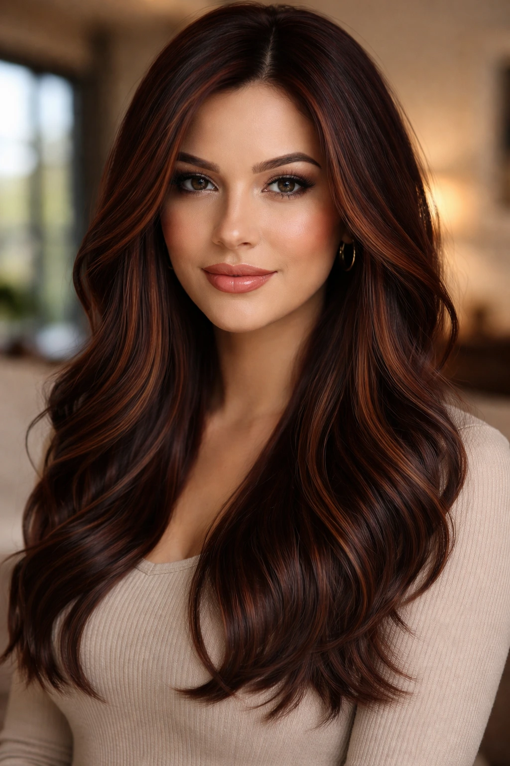 Portrait of a woman with dark auburn hair and mocha ribbons