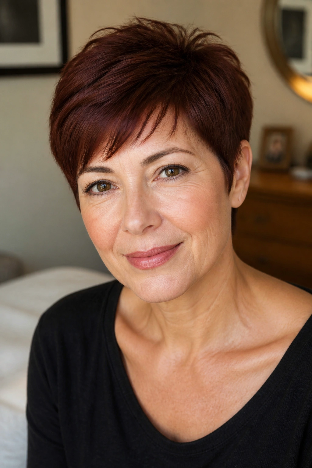 Real person with dark auburn low-maintenance pixie