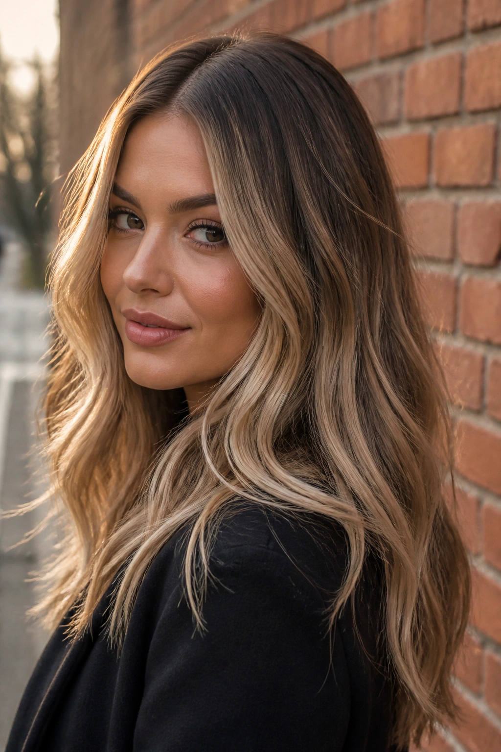 Close-up portrait of a real woman with dark-base champagne blonde hair.