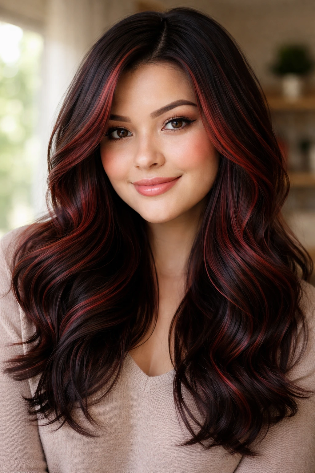 Woman with dark base hair and strawberry red babylights
